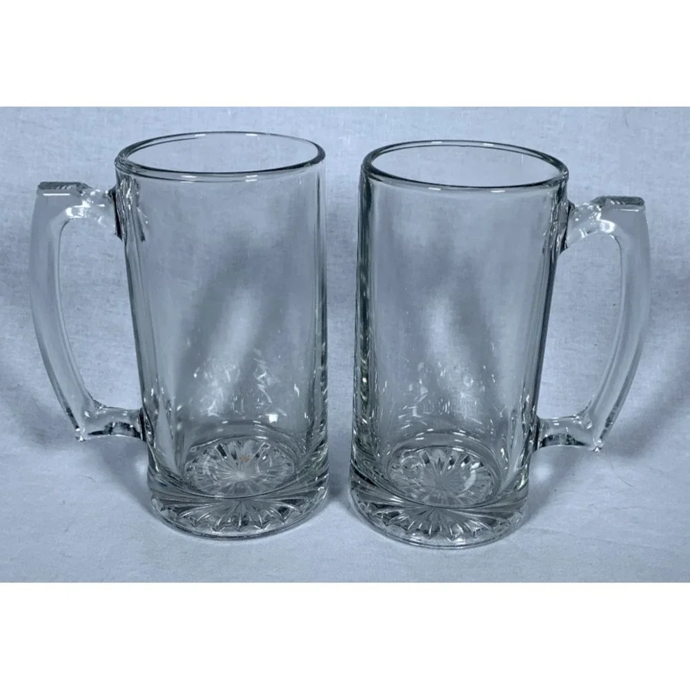 Pair of 2 NEW Heavy Glass Beer Steins Sports Mugs Handles 26.5 oz